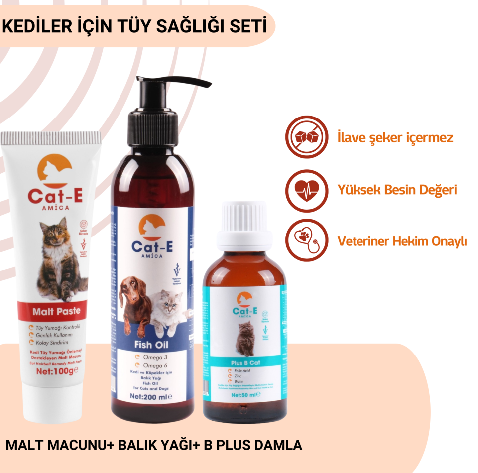 KEDİLER İÇİN TÜY SAĞLIĞI SETİ (MALT, FİSH OİL VE PLUS B )
